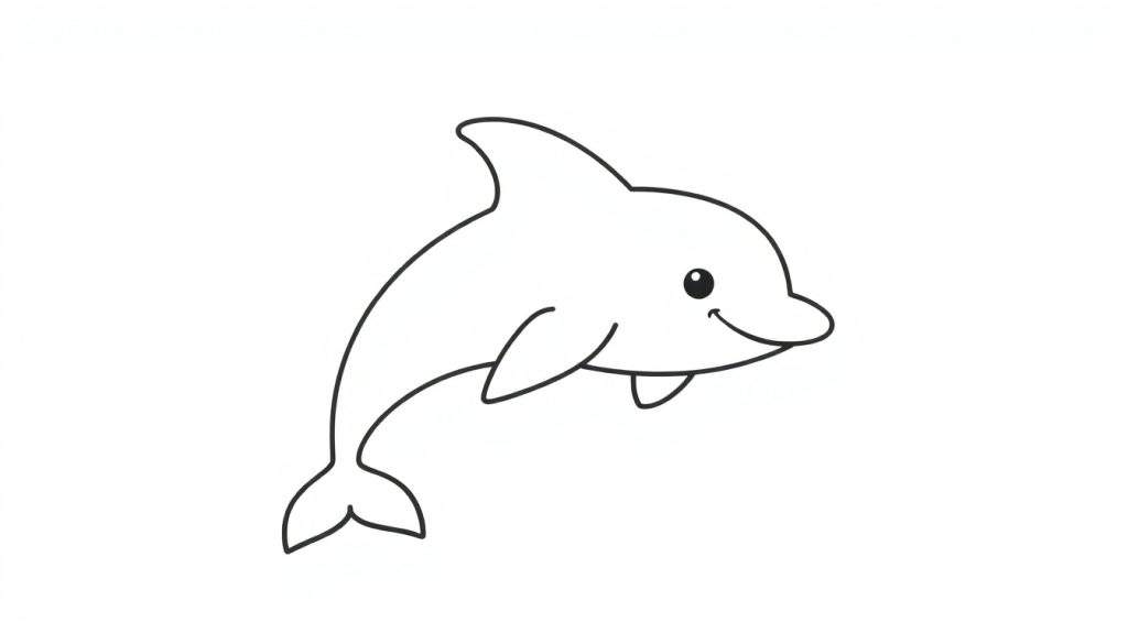 Zwarte lijnen tekening van een glimlachende dolfijn op een witte achtergrond, bedoeld als kleurplaat.