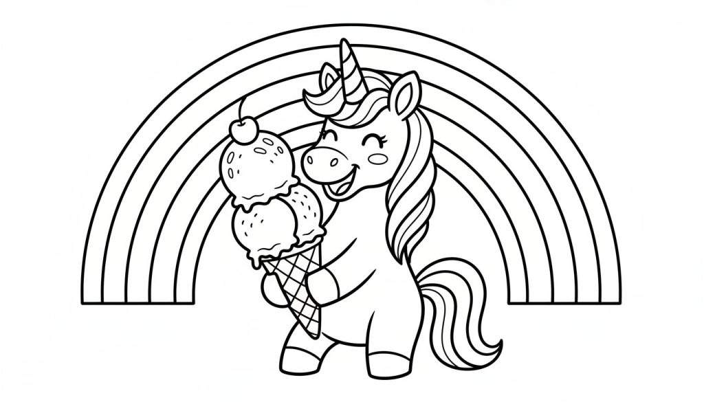 Zwart-wit tekening van een lachende cartoon eenhoorn met gesloten ogen die een ijshoorntje vasthoudt, met een regenboog op de achtergrond.