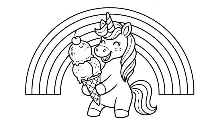 Zwart-wit tekening van een lachende cartoon eenhoorn met gesloten ogen die een ijshoorntje vasthoudt, met een regenboog op de achtergrond.