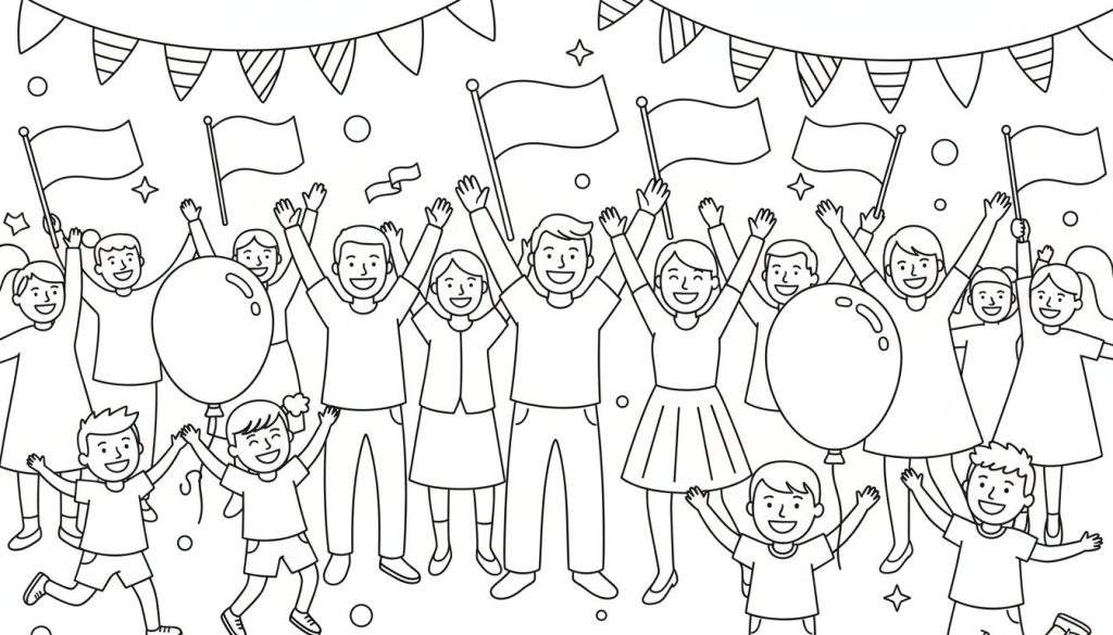 Kleurplaat van een grote groep blije mensen, volwassenen en kinderen, die hun armen in de lucht steken, juichend en feestend met vlaggen, slingers en ballonnen.