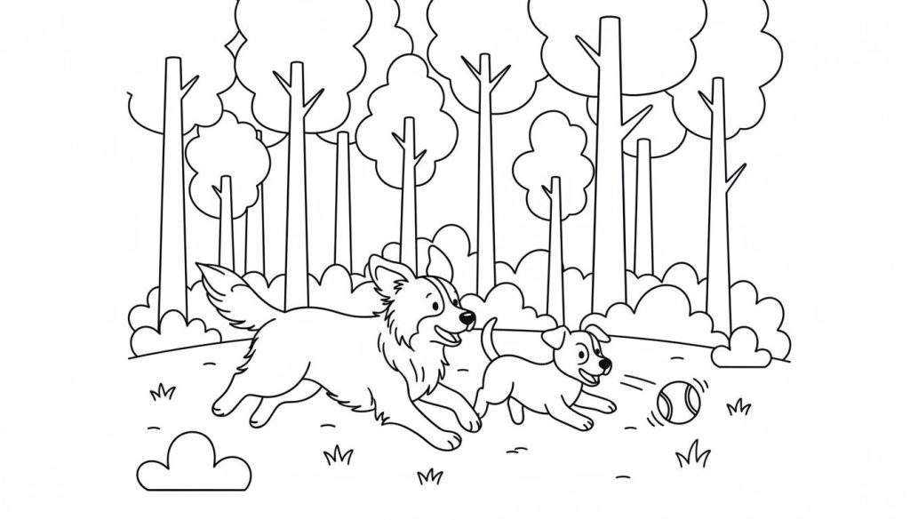 Kleurplaat van twee blije honden, een grotere en een kleinere, die samen rennen en spelen met een bal in een bosrijk park.