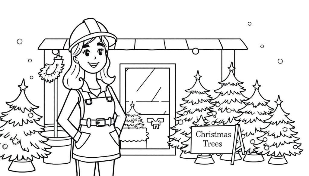 Zwart-wit kleurplaat van een kerstbomenverkoop met een lachende vrouw, kerstbomen, een waterput en een huisje met kerstlichtjes.