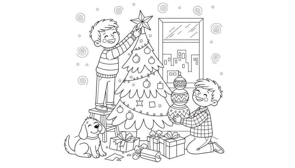 Kleurplaat van twee jongens die een kerstboom versieren, met een hond en cadeautjes.