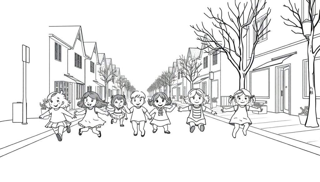 Kleurplaat: Zeven lachende kinderen rennen samen door een straat met huizen en kale bomen.