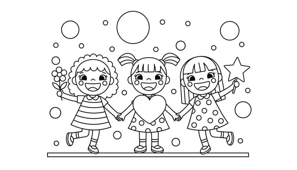 Kleurplaat van drie lachende meisjes die elkaars hand vasthouden. Meisje links met krullend haar en bloem, middelste meisje met staartjes en hart, meisje rechts met steil haar en sterrenstafje. Zwevende bellen of confetti.
