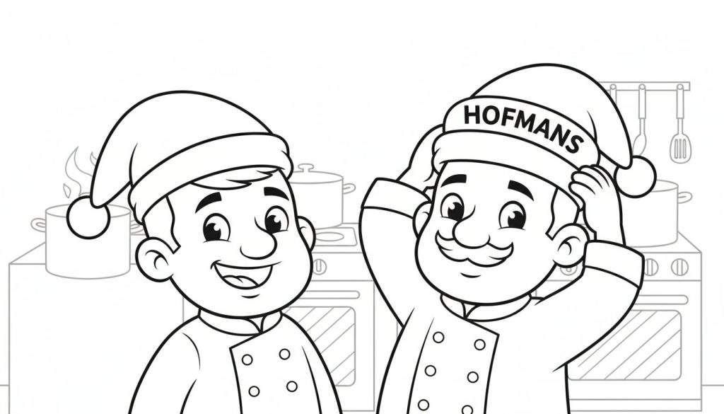 Zwart-wit kleurplaat van twee mannelijke koks met kerstmutsen in een keuken.