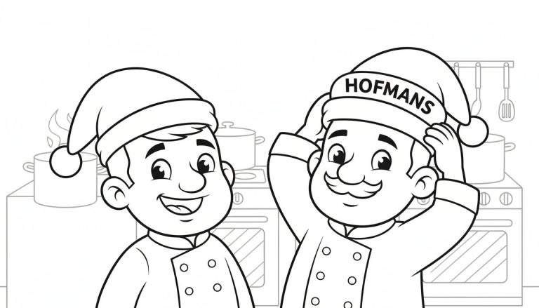 Zwart-wit kleurplaat van twee mannelijke koks met kerstmutsen in een keuken.