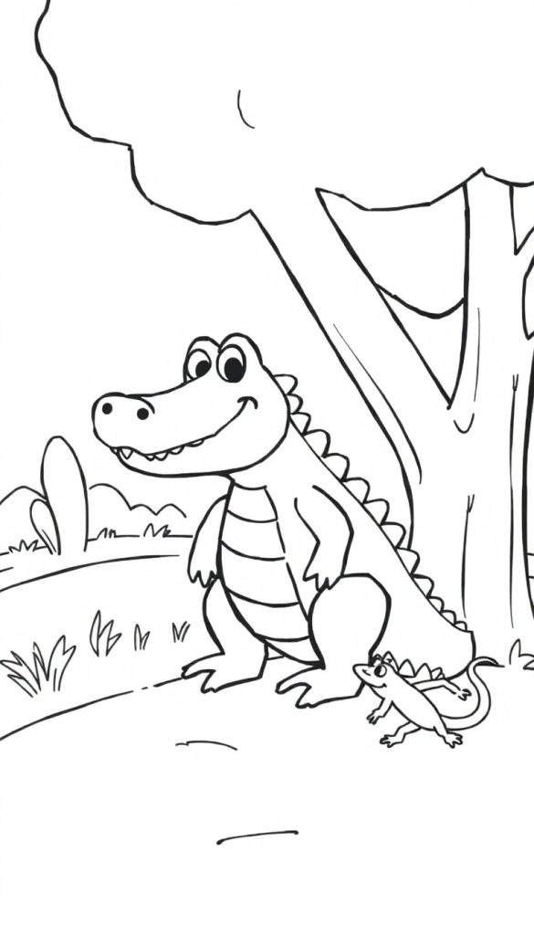 Een zwart-wit lijntekening van een vriendelijke krokodil met grote ogen en tanden, lachend. Een kleine hagedis kruipt naast hem. Een grote boom staat aan de rechterkant en op de achtergrond zijn struiken te zien.