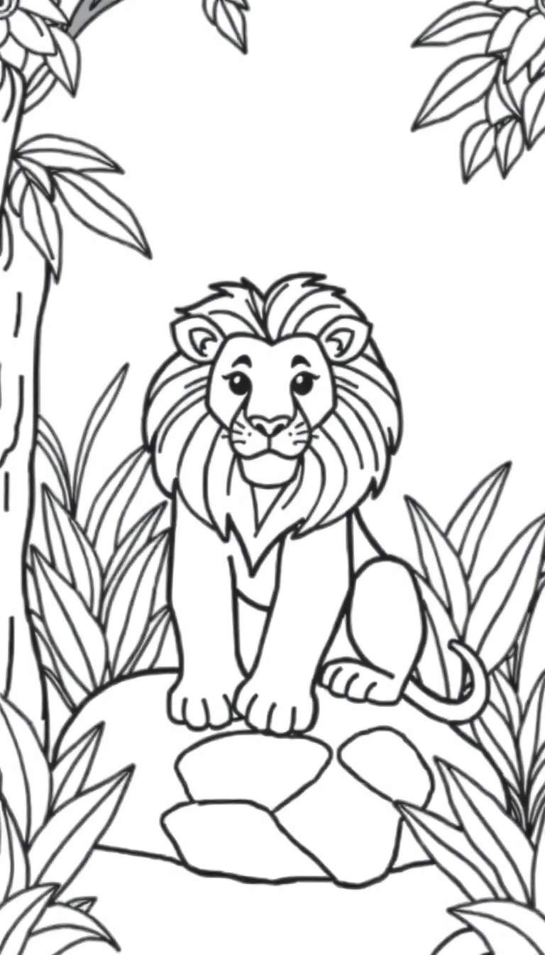 Zwart-witte lijntekening van een vriendelijke, zittende leeuw met een grote manen, omringd door jungle planten en gras. Deze kleurplaat is bedoeld om in te kleuren.