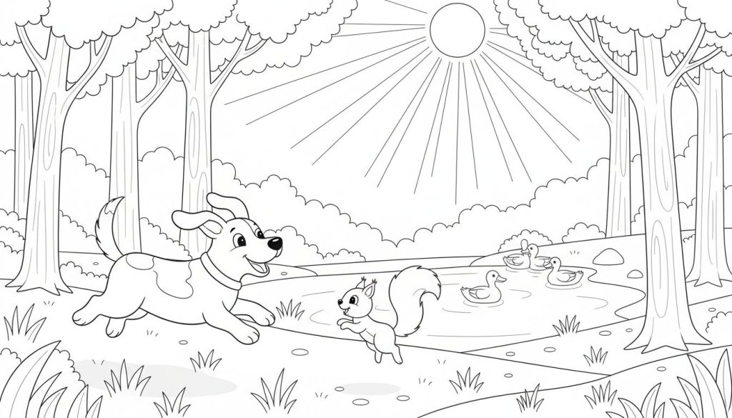 Zwart-wit kleurplaat van een hond die rent, een eekhoorn op de grond, vier eenden die zwemmen in een vijver, omringd door bomen en met een zon aan de lucht.