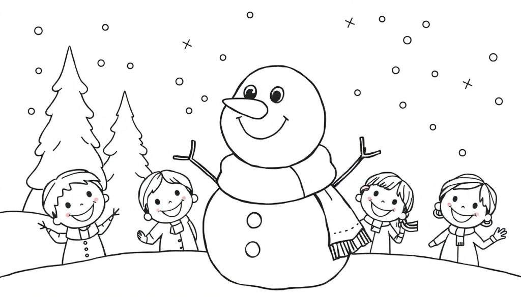 Kleurplaat met een grote, vrolijke sneeuwpop in het midden, omringd door vier lachende kinderen in winterkleding. Op de achtergrond staan besneeuwde dennenbomen.