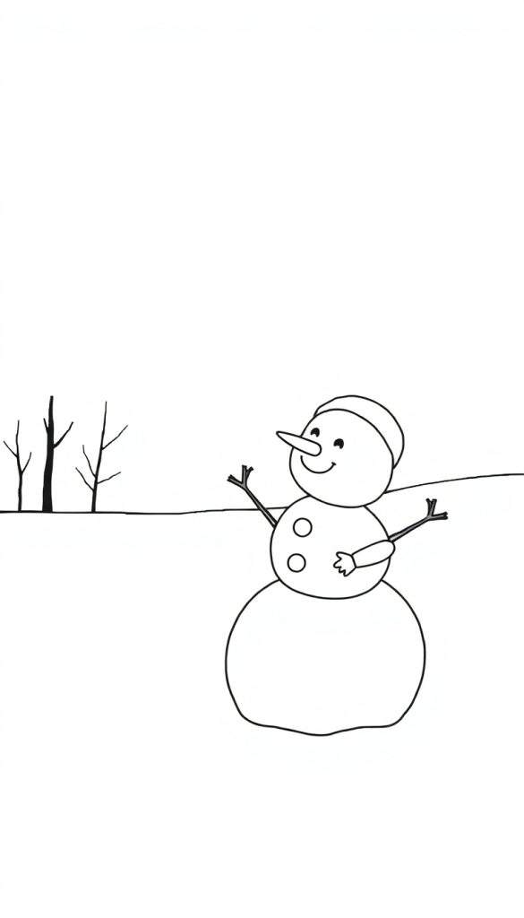 Kleurplaat van een lachende sneeuwpop met een wortelneus, muts, takkenarmen en knopen, in een sneeuwrijk landschap met kale boompjes.