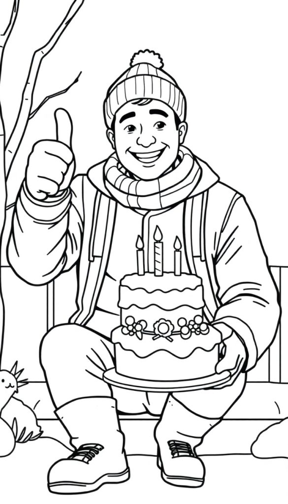 Kleurplaat: Een lachende man in winterkleding met een 'duim omhoog' gebaar, zittend op een bankje en een tweelaagse taart met brandende kaarsjes vasthoudend. Twee konijntjes bij zijn voeten, winterse boom op de achtergrond.