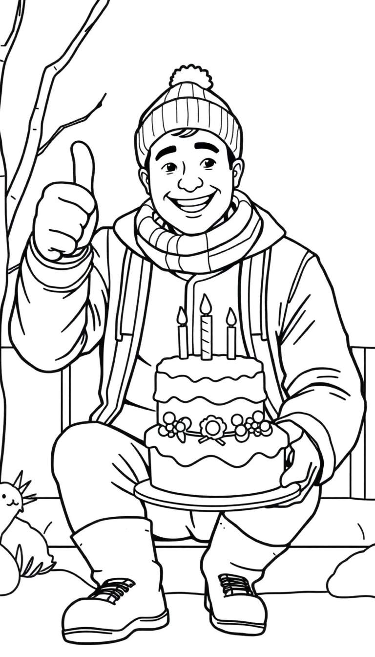 Kleurplaat: Een lachende man in winterkleding met een 'duim omhoog' gebaar, zittend op een bankje en een tweelaagse taart met brandende kaarsjes vasthoudend. Twee konijntjes bij zijn voeten, winterse boom op de achtergrond.