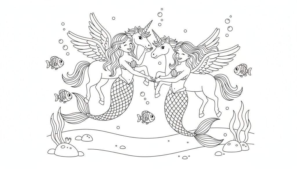 Kleurplaat van twee zeemeerminnen met vleugels die handen vasthouden van twee gevleugelde eenhoorns, omringd door bubbels, kleine visjes en zeewier.