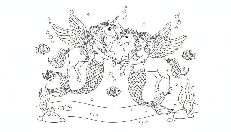 Kleurplaat van twee zeemeerminnen met vleugels die handen vasthouden van twee gevleugelde eenhoorns, omringd door bubbels, kleine visjes en zeewier.