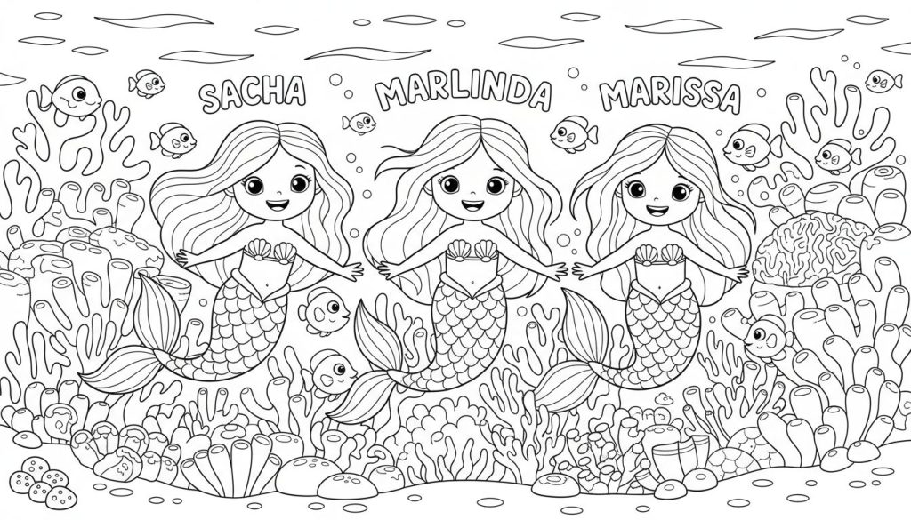 Kleurplaat met drie lachende zeemeerminnen (Sacha, Marlinda, Marissa) omringd door koraal, visjes en schelpen.