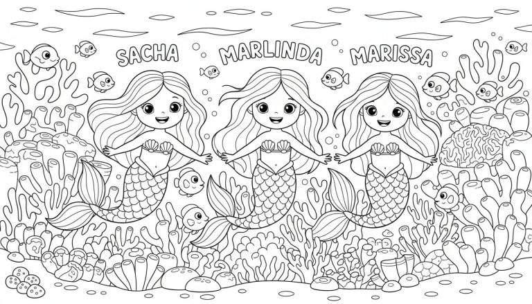 Kleurplaat met drie lachende zeemeerminnen (Sacha, Marlinda, Marissa) omringd door koraal, visjes en schelpen.