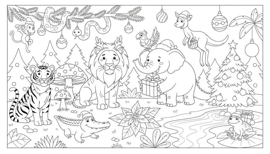 Kleurplaat van diverse dieren, waaronder een aap, tijger, leeuw, olifant, kangoeroe, krokodil, kikker en slang, allemaal in een kerstachtige bosomgeving met kerstbomen, cadeaus en kerstversiering.