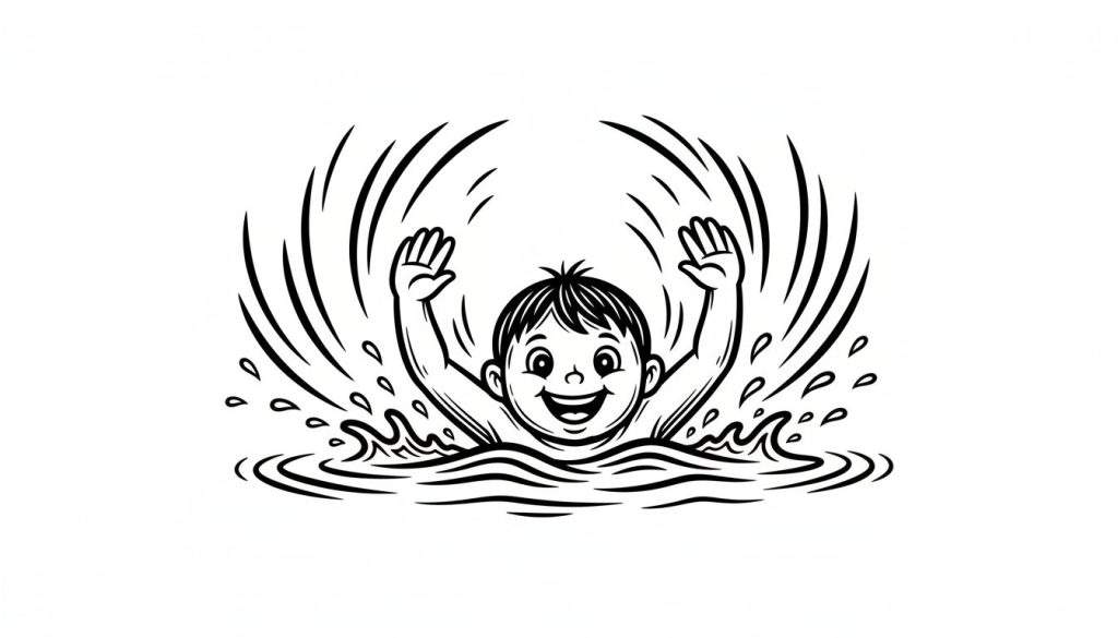 Zwart-wit illustratie van een blije jongen die met zijn armen omhoog zwaait in opspattend water.