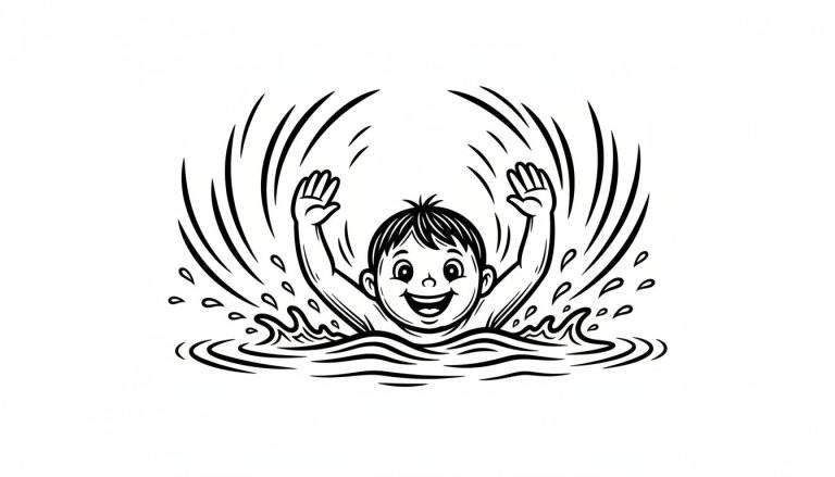 Zwart-wit illustratie van een blije jongen die met zijn armen omhoog zwaait in opspattend water.