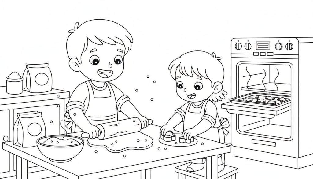 Kleurplaat van een jongen en een meisje die samen koekjes bakken in een keuken.