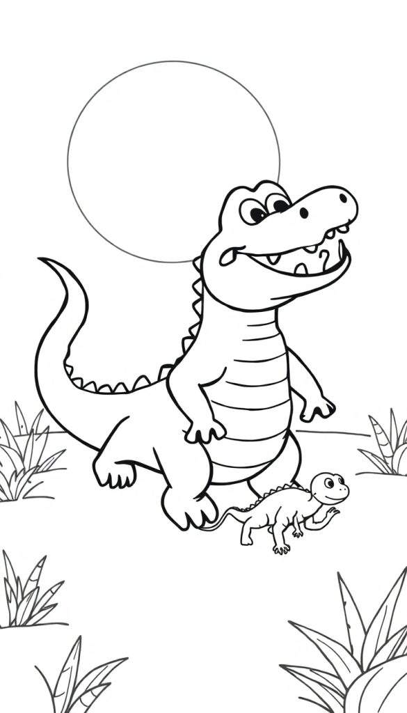 Kleurplaat met een grote, lachende krokodil en een kleine baby krokodil, met gras en een cirkel die de zon of maan voorstelt.