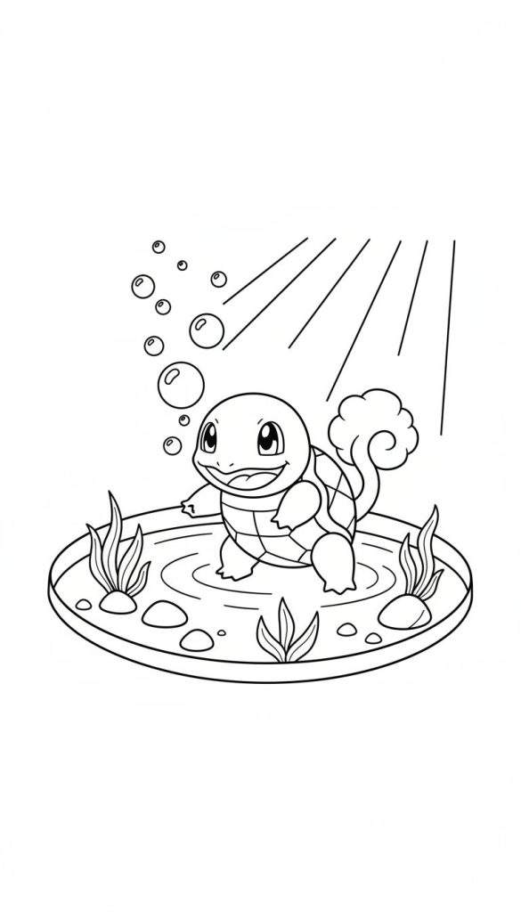 Kleurplaat van een vrolijke Squirtle die lachend in een plas water staat, omringd door waterplantjes, stenen en belletjes.