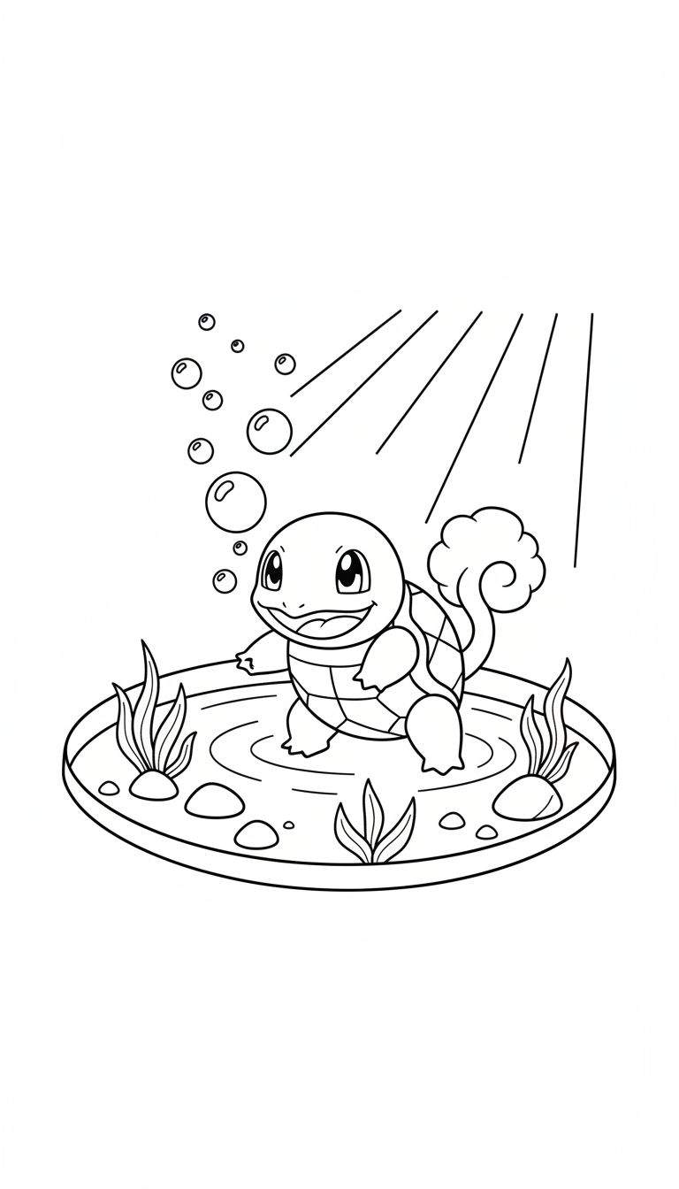 Kleurplaat van een vrolijke Squirtle die lachend in een plas water staat, omringd door waterplantjes, stenen en belletjes.