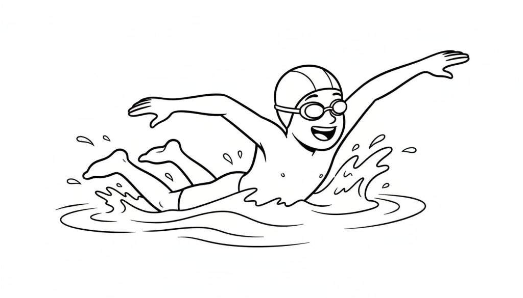 Zwart-wit tekening van een lachend kind met zwemmuts en zwembril dat actief aan het zwemmen is, omringd door vrolijke waterspatten.