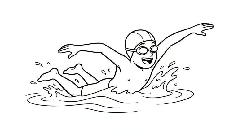 Zwart-wit tekening van een lachend kind met zwemmuts en zwembril dat actief aan het zwemmen is, omringd door vrolijke waterspatten.