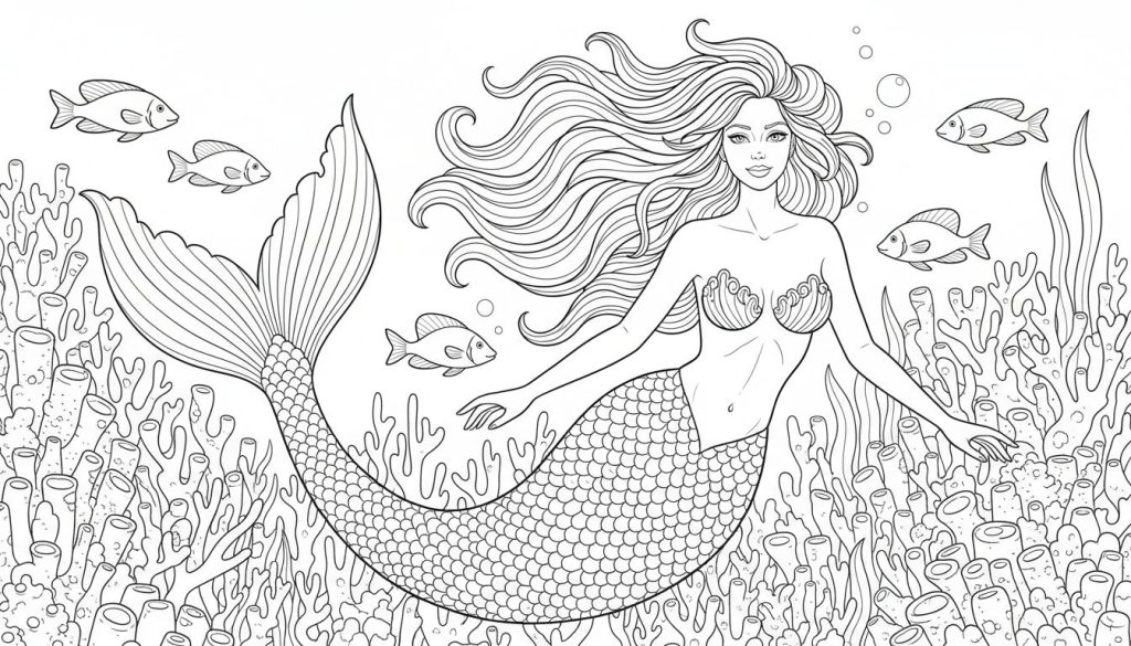 Kleurplaat van een zeemeermin met lang golvend haar en een schelpen-bh, staand in een onderwaterwereld met koraal, zeewier, vissen en bellen.