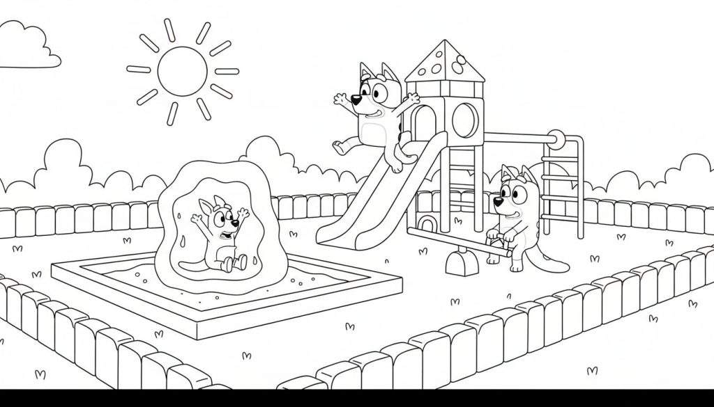 Zwart-wit kleurplaat van Bluey en Bingo in een speeltuin. Bluey glijdt van de glijbaan, Bingo speelt in de zandbak en zit op een wipwap. De zon schijnt.