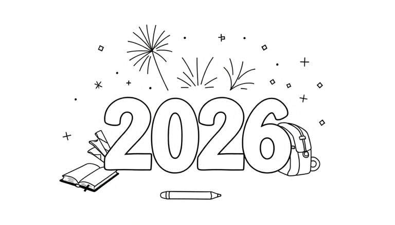 Kleurplaat van het jaartal 2026 met vuurwerk, sterren, een boek, een rugzak en een pen.