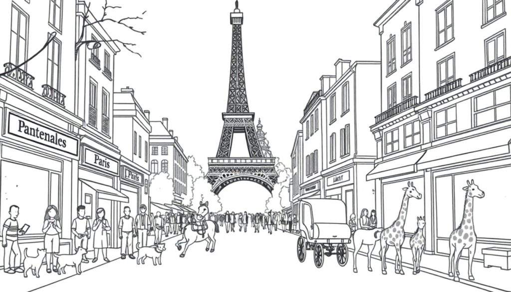 Kleurplaat van een surrealistische Parijse straat met de Eiffeltoren, winkels, mensen, paarden en giraffen.