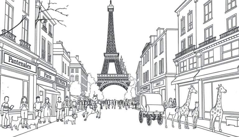 Kleurplaat van een surrealistische Parijse straat met de Eiffeltoren, winkels, mensen, paarden en giraffen.
