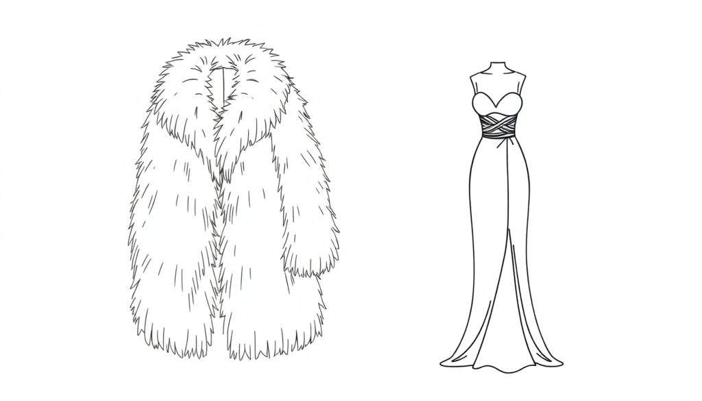 Kleurplaat van twee mode-ontwerpen: een lange, ruige bontjas met dikke vachttextuur en een elegante, aansluitende avondjurk met hartvormige halslijn en hoge split.