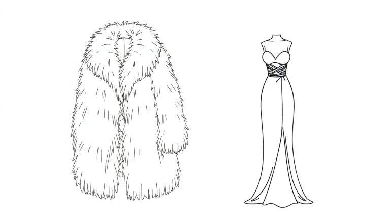 Kleurplaat van twee mode-ontwerpen: een lange, ruige bontjas met dikke vachttextuur en een elegante, aansluitende avondjurk met hartvormige halslijn en hoge split.