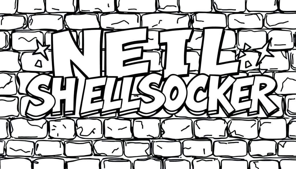 Zwart-wit kleurplaat met de naam NEIL SHELLSOCKER in grote, dik omrande letters op een bakstenen muur, versierd met sterren.