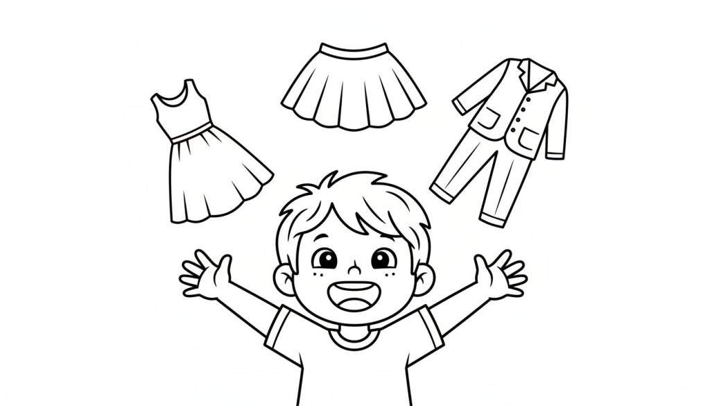 Zwart-wit lijntekening van een lachende jongen met sproetjes die zijn armen wijd opent, met een mouwloze jurk links, een plooirok boven en een pak rechts van hem zwevend.