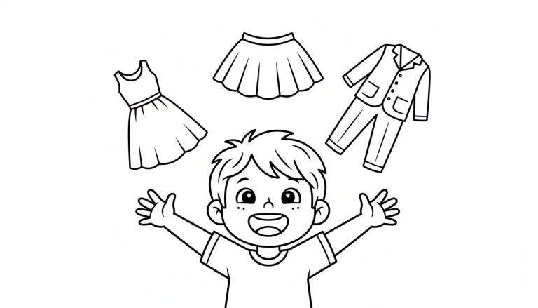 Zwart-wit lijntekening van een lachende jongen met sproetjes die zijn armen wijd opent, met een mouwloze jurk links, een plooirok boven en een pak rechts van hem zwevend.