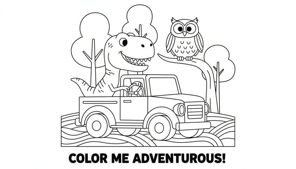 Zwart-wit kleurplaat van een lachende dinosaurus in een jeep met een uil in een boom op een heuvelachtig landschap, met de tekst 'COLOR ME ADVENTUROUS!'