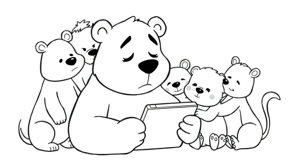 Kleurplaat van een groep beren: een grote, bedroefde beer leest een tablet voor aan meerdere vrolijke, knuffelige welpen.