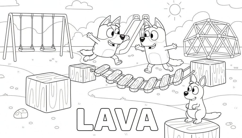 Kleurplaat van Bluey en Bingo die 'De vloer is lava' spelen op een speeltuin, met een kangoeroe die toekijkt vanaf een blok. De grond is lava, en ze gebruiken blokken en een brug om niet aangeraakt te worden.