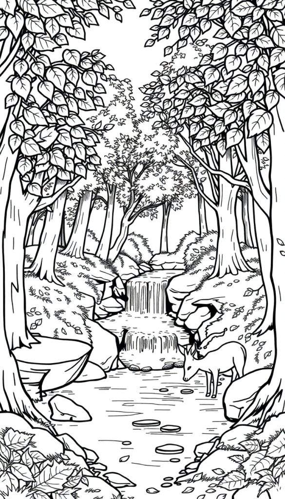 Gedetailleerde zwart-witte tekening van een bos met een waterval, een beek en een hertje dat drinkt.