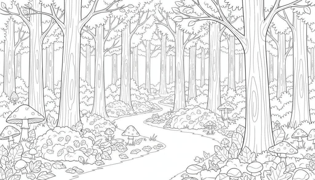 Zwart-wit lijntekening van een bospad dat zich slingert door een dicht bos, met bomen, struiken en paddenstoelen.