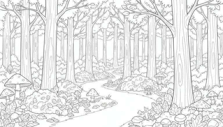 Zwart-wit lijntekening van een bospad dat zich slingert door een dicht bos, met bomen, struiken en paddenstoelen.