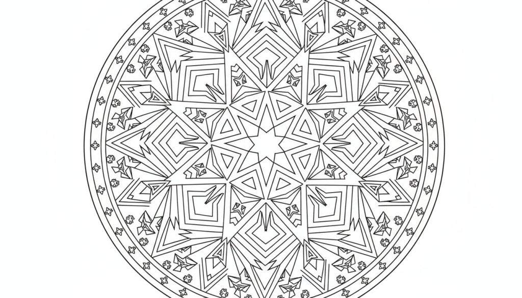 Zwart-wit gedetailleerde mandala kleurplaat met een zespuntige ster in het centrum en complexe geometrische patronen.