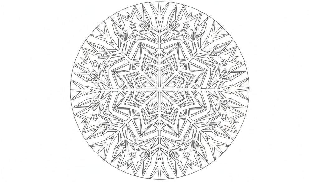 Zwart-witte kleurplaat van een complex, symmetrisch, rond geometrisch patroon met scherpe, hoekige lijnen, lijkend op een abstracte sneeuwvlok of mandala, ingesloten in een cirkel.