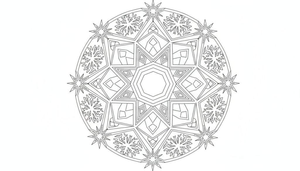 Zwart-wit lijntekening van een complexe, cirkelvormige mandala met een achthoek in het midden, geometrische patronen, stervormen en sneeuwvlokdetails, klaar om ingekleurd te worden.